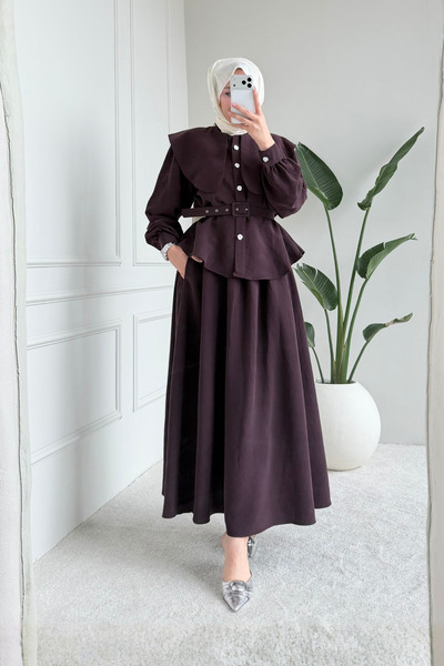 Tesettür Diyarı Parin Tansel Kumaş Kemerli Tesettür Takım- Mürdüm