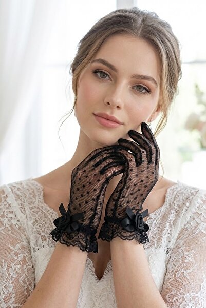 Hobigram Noir Veil Couture Polka Dot Tulle Lace Bow Detailed Special Design P...