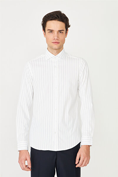 White Stone White Blue Striped Long Sleeve Shirt Slim Fit