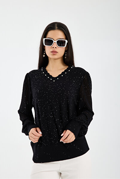 Moda Days Дамска блуза с V-образно деколте, украсена с мъниста, от вискоза, в...