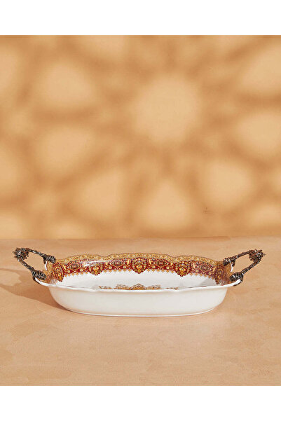 REDTAG طبق بورسلين مستطيل الشكل مزين بنقوش زهور حمراء مع مقابض