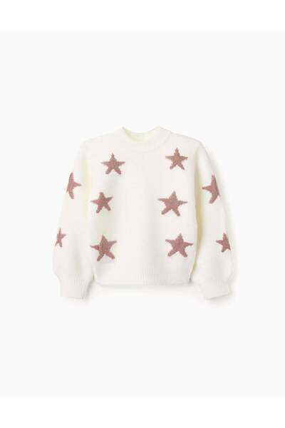 Ziddy Knitted Jumper With Lurex Stars For Girls, White/Pink Gold