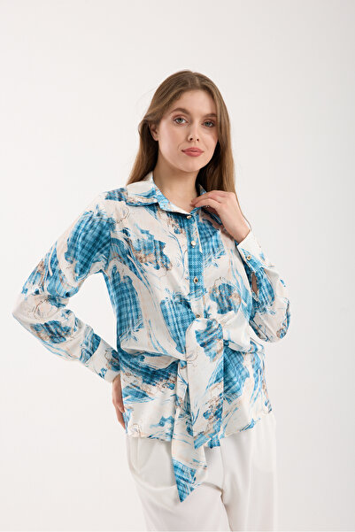 Moda Days Turquoise-White Patterned Front Tie Satin Shirt