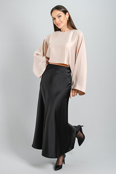 SWEETNESS Women's Black Lycra Satin Maxi Length Evening Dress Skirt