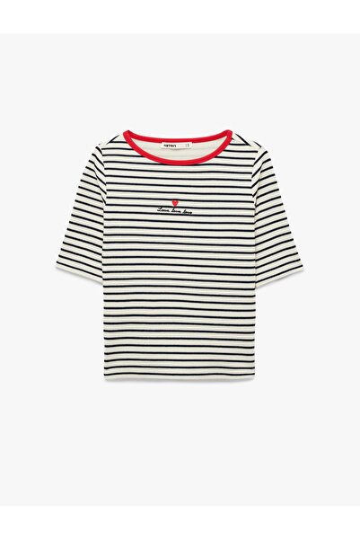 Koton Slim Fit Short Sleeve Crew Neck Striped T-Shirt with Embroidery Detail