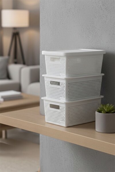 Bayev Grid White 3 Pieces 4 Liter Organizer Box with Lid - In-Cabinet Organiz...