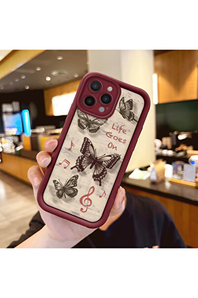 Hontinga حافظة هاتف من السيليكون باللون الأحمر الداكن بتصميم فراشة مقاومة للص...