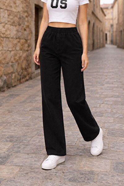 CEDY DENIM - Lycra Fabric Pocketless Elastic Waist Palazzo Trousers C640 -Black