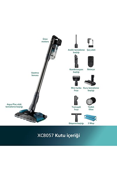 Philips 8000 Serisi Çift Bataryalı Aqua Plus Kablosuz Dik Süpürge Islak Silme ve Süpürme 2'si 1 Arada