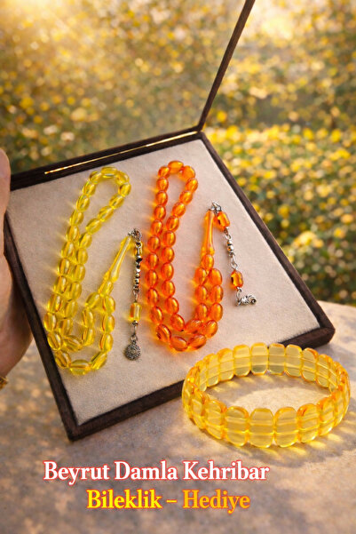 Eflatun Collection Hediyelik 2+1 Toz Kehribar Tesbih Seti( Damla Bileklik Hed...