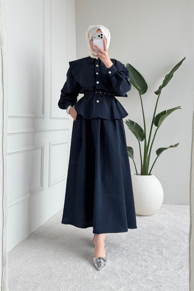 Tesettür Diyarı Σετ Τεσεττούρ από Ύφασμα Parin Tansel με Ζώνη - Ναυτικό Μπλε