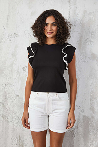 TOPSHOW Blouse with wavy sleeves and pearl detailing on the hem - Made in Turkey