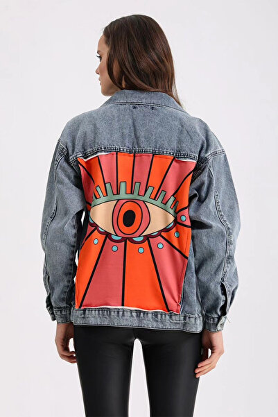 Hatun Atila Denim Jacket with Eye Pattern Print on the Back 7685