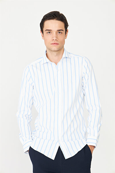 White Stone Blue Striped Long Sleeve Shirt Slim Fit