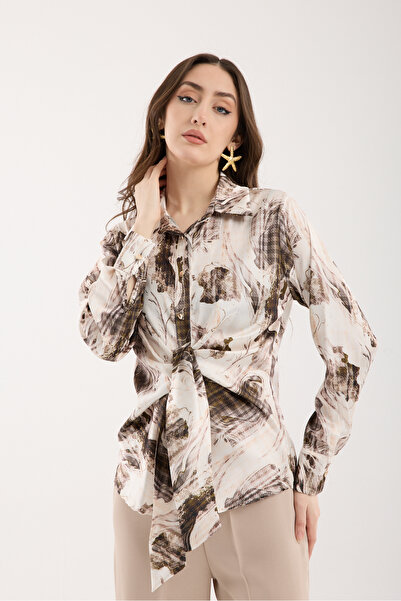 Moda Days Chocolate-Cream Patterned Front-Tie Satin Shirt