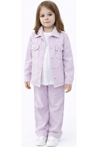 İrem Çocuk Giyim Girl's Floral Patterned Staple Detailed Gabardine Jacket, Tr...