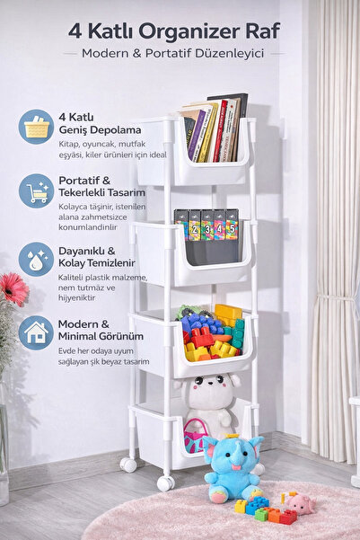 Single 4 Katlı Tekerlekli Organizer Oyuncak Dolabı Banyo Rafı Mutfak Rafı Kil...