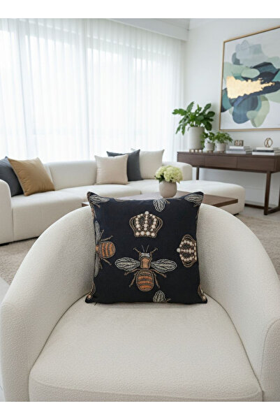 Brillant Kraliçe Arı İşleme Görünüm Dokuma Kumaş Kırlent Kılıfı 45x45