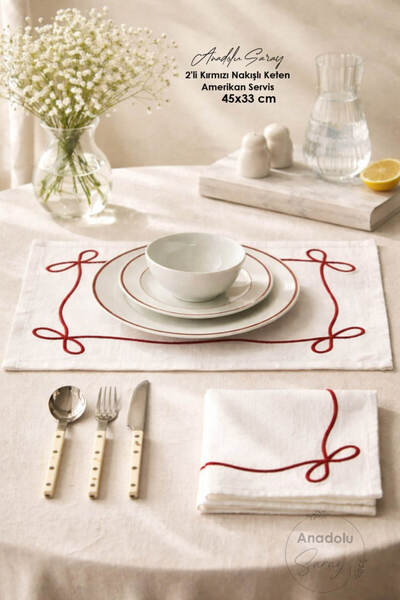 Anadolu Saray 2li Kırmızı Nakışlı Keten Amerikan Servis 45x33 cm Şık İşlemeli...
