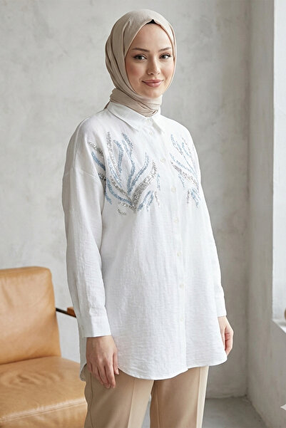Kirazgym Women's Linen Fabric Button-Front Sequin Detailed Shirt Tunic - White