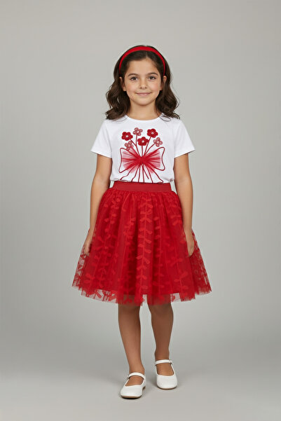 FATELLA Girl's Ribbon Flower Detailed T-Shirt Red Leaf Patterned Skirt Set Ap...