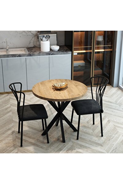 MRVHOMEE 70 CM Yıldız Ayaklı Yuvarlak Mutfak Masa Takımı -AHŞAP