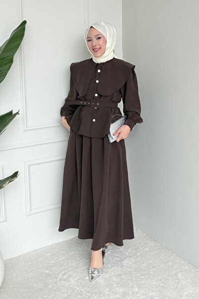 Tesettür Diyarı Σετ Τεσεττούρ με Υφασμάτινη Ζώνη Parin Tansel - Πικρό Καφέ