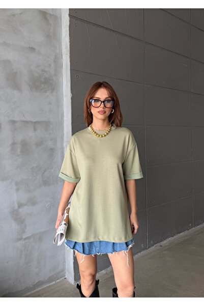 MODAMERSİ Women's Green Oversize Crew Neck T-Shirt