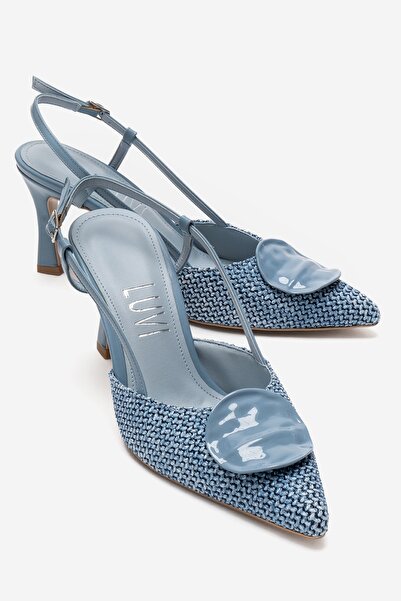 LuviShoes Γυναικεία παπούτσια με τακούνι LEVIA με μπλε ψάθινη υφή και λεπτομέ...