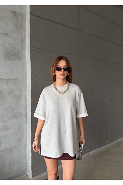 LE CARAMBOLE Tricou gri oversize pentru femei, cu decolteu tip crew neck