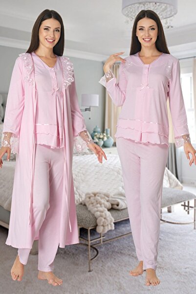 Lohusa Homewear Women's Pink Long Sleeve Elegant Lace Buttoned Cotton Materni...