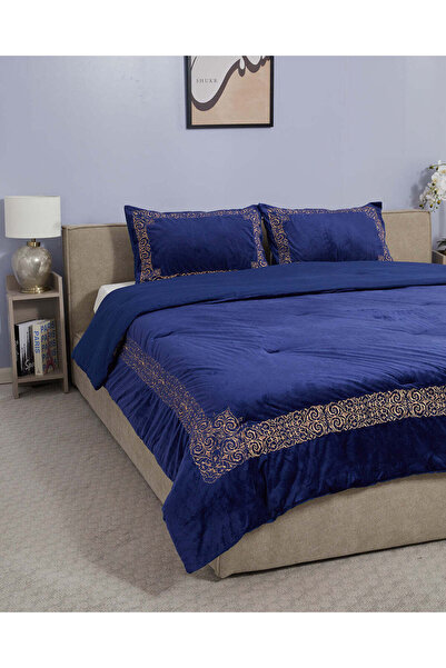 REDTAG Navy 3 Piece Embroidered Luxury Comforter Set (King Size)