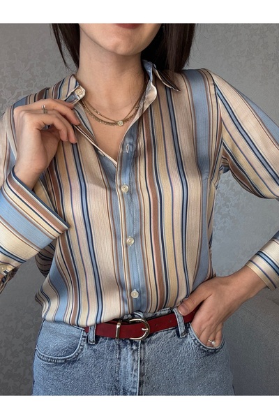 Sateen Çizgili mavi gömlek