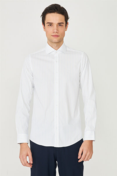 White Stone Blue Pinstripe Long Sleeve Shirt Slim Fit