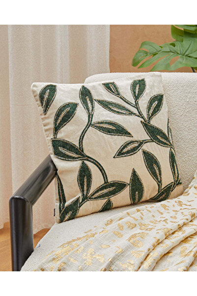 REDTAG Cream And Green Leaves Beaded Velvet Cushion