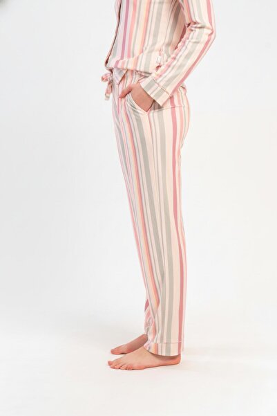 OBJE Women's Pink Striped Brand Pajama Bottoms with Pockets