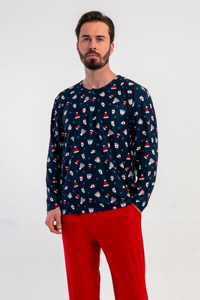 OBJE Men's Indigo Marla Placketed Long Sleeve Pajama Top