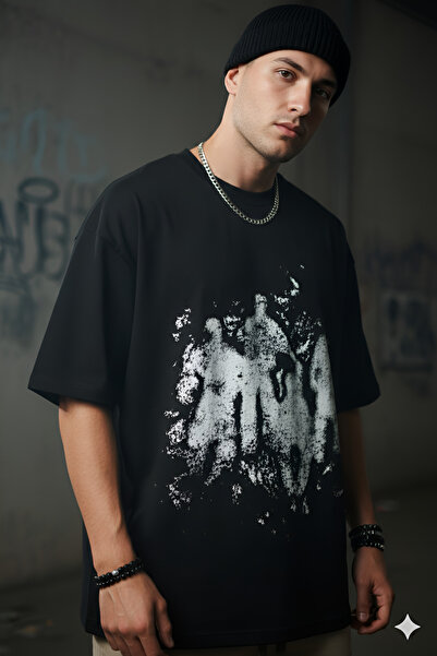 Cool mans Unisex Streetwear Print Detailed Crew Neck Oversize Black T-Shirt