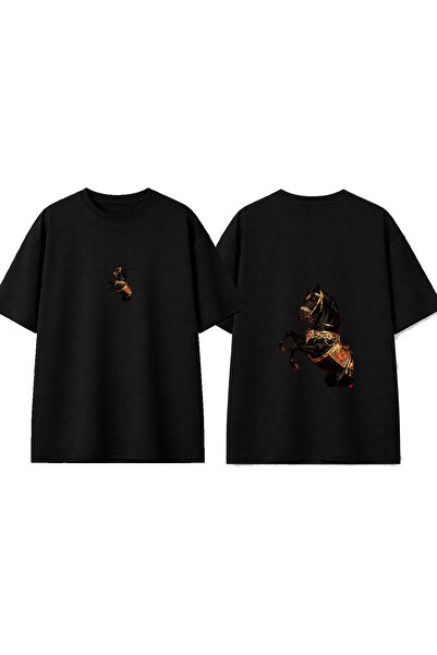 urbvn Horse Gold Design Printed Black Oversize T-Shirt
