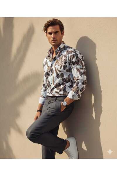 Louis Fabel Large Leaf Patterned Long Sleeve Men's Shirt