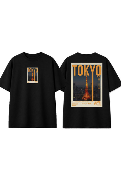 urbvn تي شيرت أسود كبير الحجم مطبوع بتصميم برج طوكيو