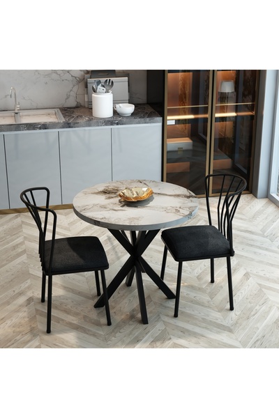 MRVHOMEE 70 CM Yıldız Ayaklı Yuvarlak Mutfak Masa Takımı - GRİ MERMER GÖRÜNÜMLÜ