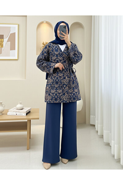 heree Beli Bağlamalı Cepli Desenli Astarlı Kapitone Rahat Şık Tesettür Kimono
