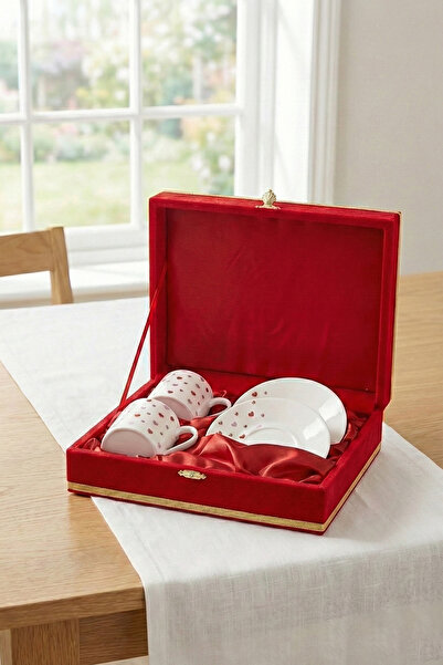 EVCİME طقم فناجين قهوة تركية من البورسلين لشخصين مع صندوق مخملي خاص لعيد الحب