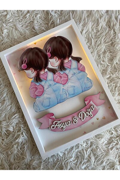 Sevdalı işler ikiz bebek led ışıklı çerçeve pano bebek odası kapı süsü