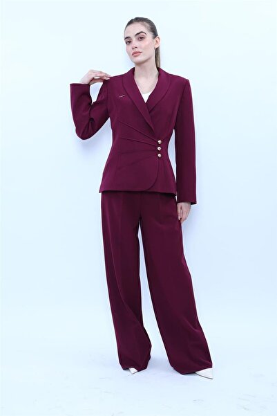 ÖNDER ÖZSOY Shawl Collar Double-Breasted Jacket & Classic Palazzo Women's Tro...