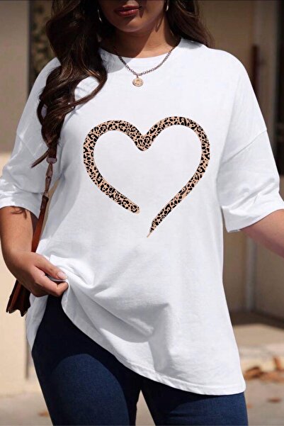 Oksit Love Women's Large Size Oversized Printed Crew Neck Cotton T-Shirt Rela...