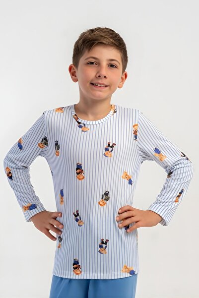 OBJE Boy's Blue Lycra Polyviscon O-Neck Long Sleeve Pajama Top