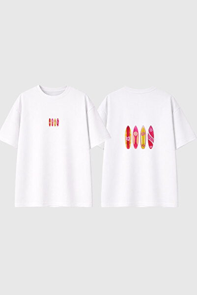 urbvn Tricou supradimensionat alb cu imprimeu cu design placă de surf