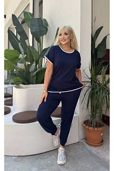 Butik Nilyam Women's Plus Size Crew Neck Short Sleeve Slim Piping Stripe Deta...